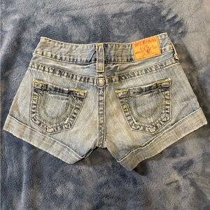 True Religion Light Blue Rolled Cuff Denim Shorts